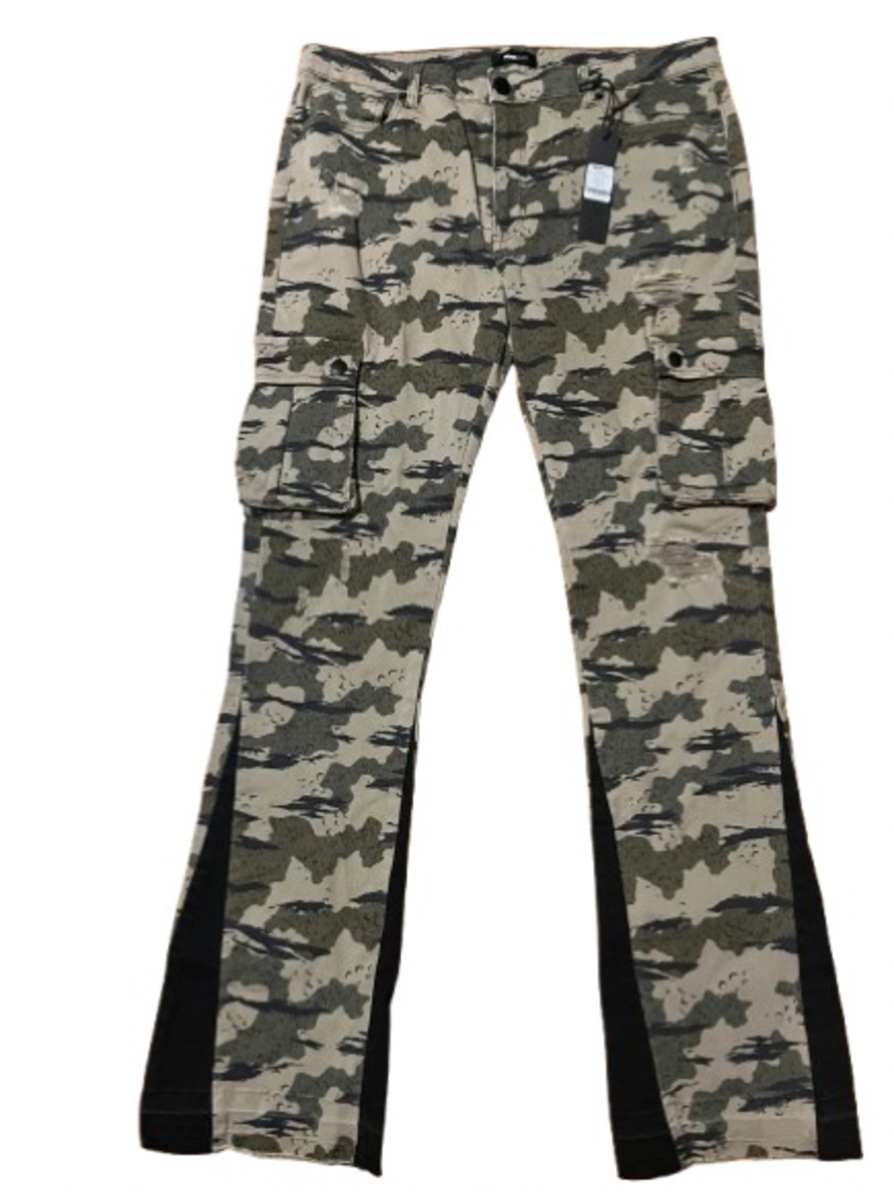 NWT Fashion Nova Men Tiger Camo Skinny Stacked Flared Cargo Pants Size 38